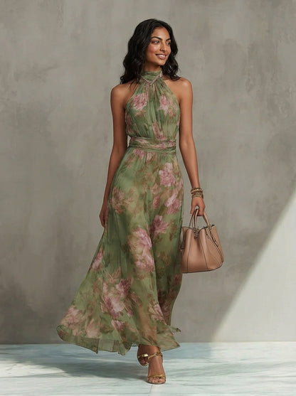 Abito lungo verde a fiori in chiffon con scollo all'americana