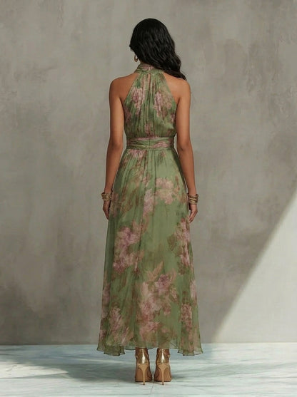 Abito lungo verde a fiori in chiffon con scollo all'americana