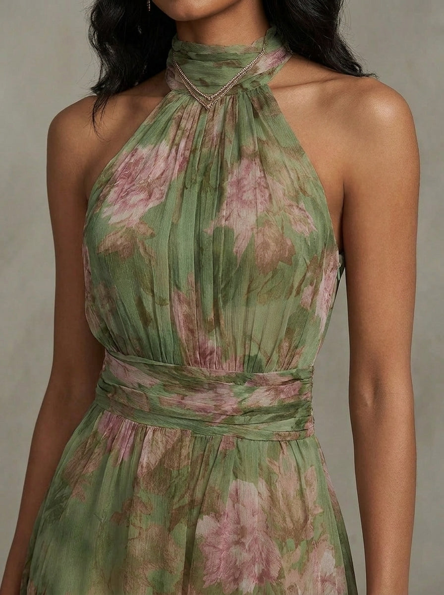 Abito lungo verde a fiori in chiffon con scollo all'americana