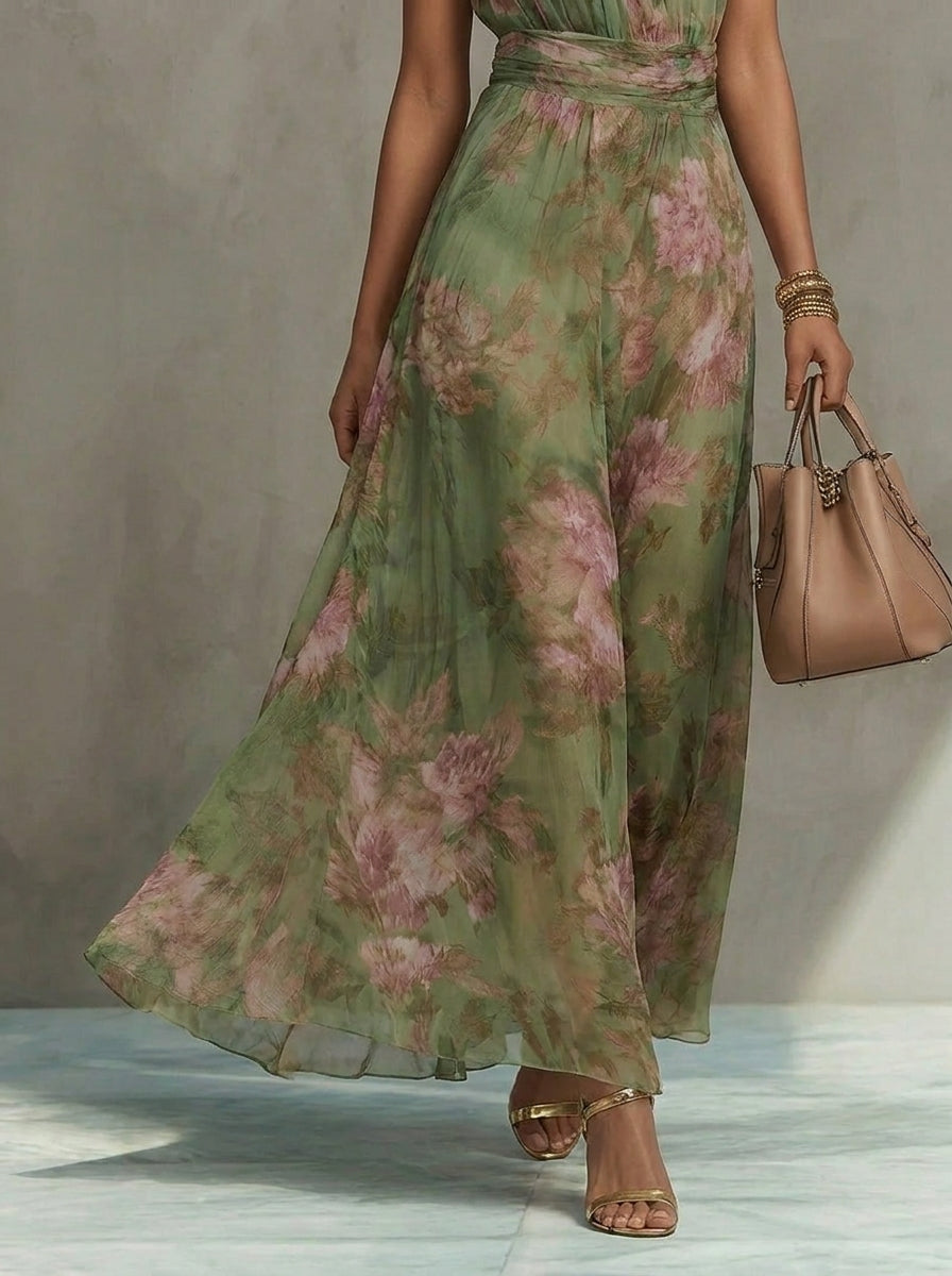 Abito lungo verde a fiori in chiffon con scollo all'americana