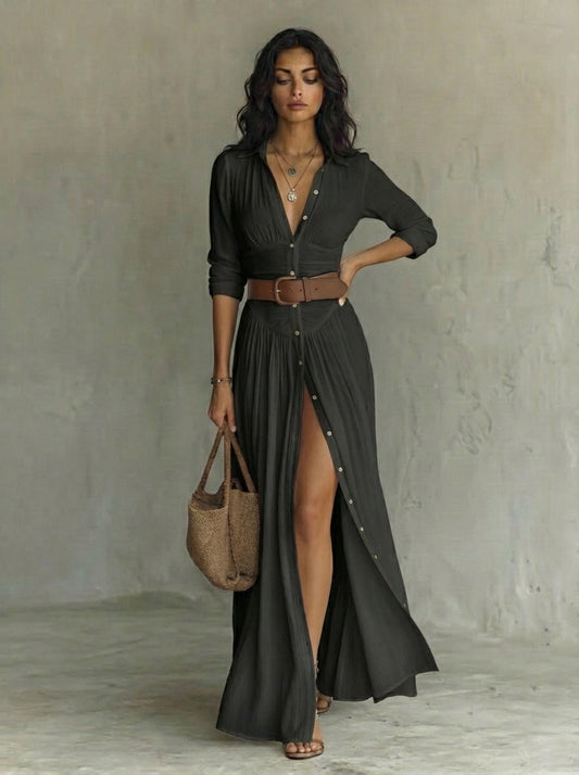 Abito Maxi Lungo con Collo a Revers e Maniche Lunghe in Lino per Donna