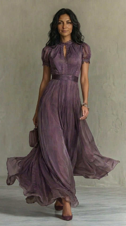 Abito lungo viola con scollo a goccia e bordo in pizzo di chiffon