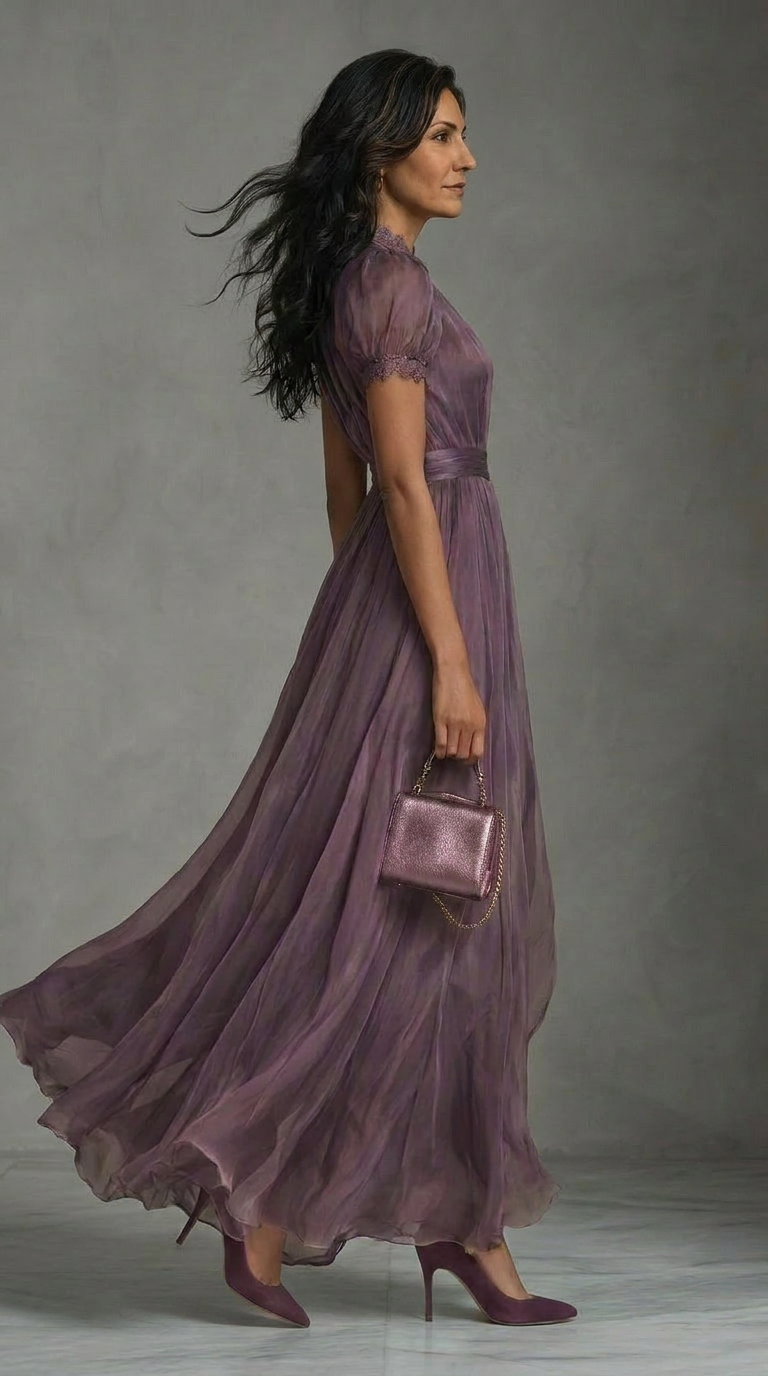 Abito lungo viola con scollo a goccia e bordo in pizzo di chiffon